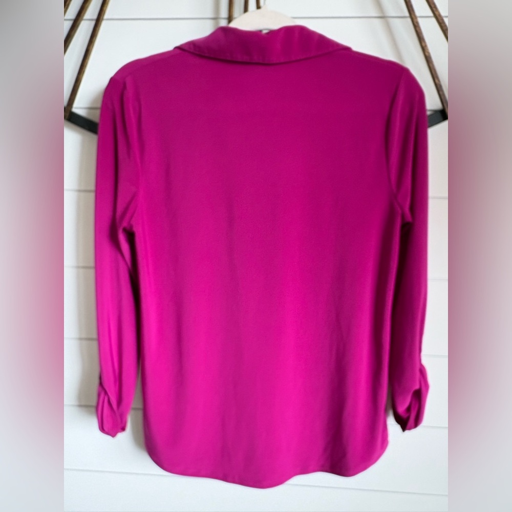 Anne Klein Magenta Half Zip Blouse w 2 Chest Pockets, Long Sleeves w Roll-Tabs - Picture 9 of 9